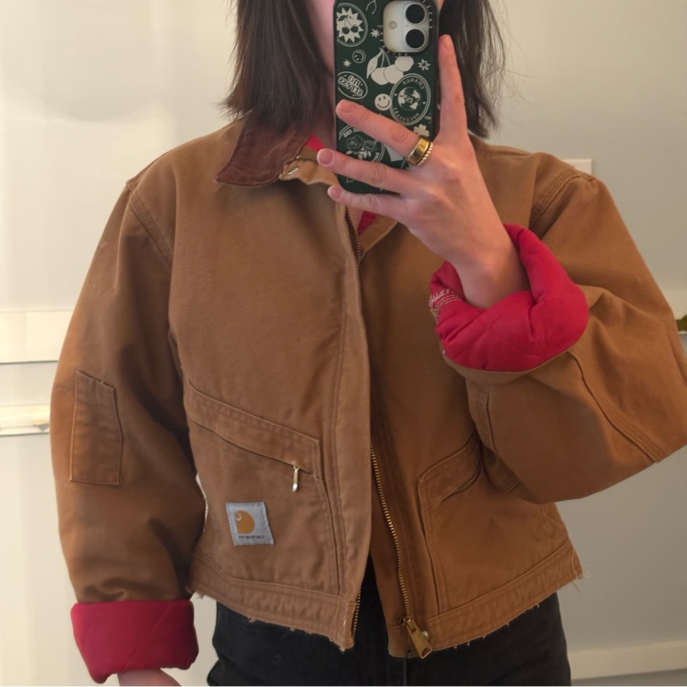 Reworked Vintage Carhartt Women's Brown Jacket with Red Accents